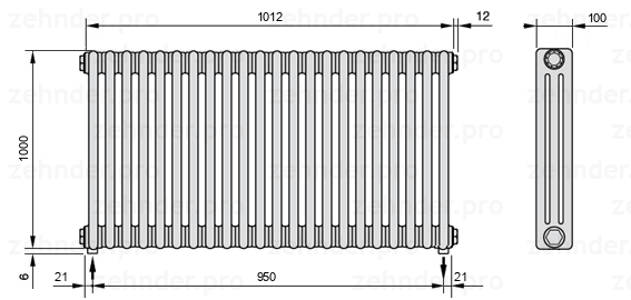 Схема (чертеж) Радиатор Zehnder Charleston 3100/22 №3570 Белый глянцевый RAL 9016
